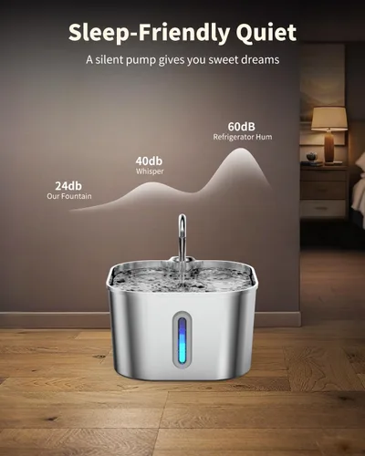 Vista 5 de Lawfery Fuente de agua para gatos de acero inoxidable, fuente automática de agua para gatos de 74 oz/2.2 L, dispensador de agua para mascotas