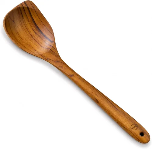 Vista 7 de FAAY Cucharas de cocina y ensalada de teca tailandesa (paquete de 2), 9.5 pulgadas, hechas a mano en Tailandia, acabado de aceite de coco natural