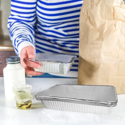 Vista 5 de Sartenes de aluminio desechables de 9 x 13 pulgadas, bandejas de aluminio de tamaño medio con tapas, mesa de vapor resistente, sartenes de papel
