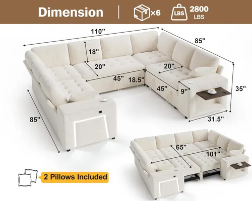 Vista 3 de Vipbear Sofá cama modular de 111 pulgadas, sofá cama modular de 8 asientos con cama extraíble, sofá en forma de L de felpilla con otomana de Beige