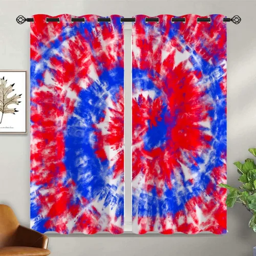 Vista 2 de America - Cortinas opacas de teñido anudado para niñas y niños, decoración del hogar, hippie, rojo, azul, abstracto, con ojales en espiral, cortinas