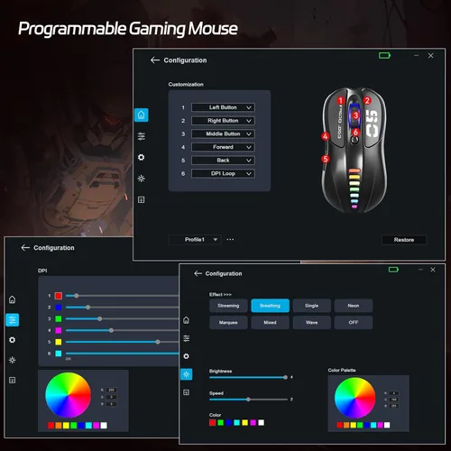 Vista 7 de Uciefy Z05 - Ratón inalámbrico para juegos, triple modo 2.4GBlutoothUSB-C, 6 botones programables, sensor óptico de 12000 DPI, retroiluminación RGB