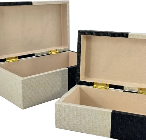 Vista 6 de Galt International Cajas de almacenamiento decorativas de cuero vegano, caja grande y pequeña con tapa con bisagras, diseño de cuero a cuadros negro