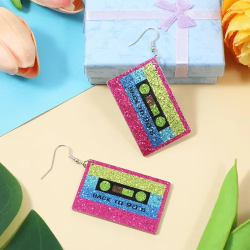 Vista 7 de Neon Earrings 80s 90s Earrings for Women Retro Acrylic Cassette Tape Style Radio Drop Earring Neon Jewelry for 80s90s Halloween Cosplay Glow Party