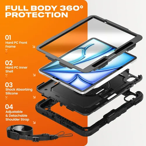 Vista 5 de SEYMAC stock Funda protectora para iPad Air de 11 pulgadas M3 2025/M2 2024 (Air 7ª/6ª generación), funda resistente con protector de pantalla