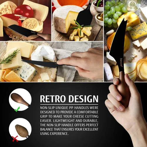 Vista 4 de hecef Juego de 3 cuchillos de queso, cuchillos de queso retro multiusos de grano de bronce, el juego incluye un cuchillo de cincel, negro