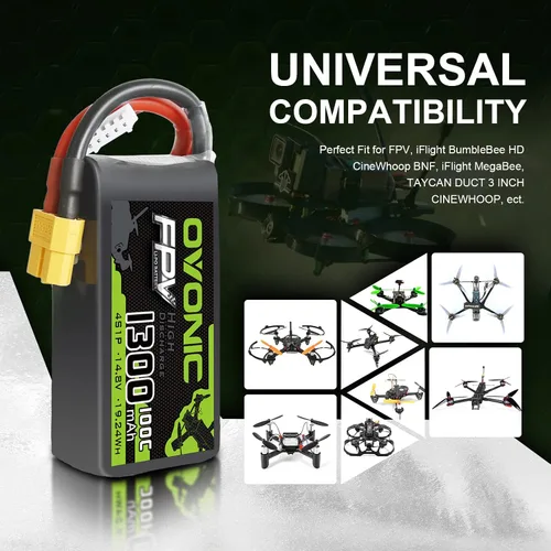 Vista 5 de OVONIC 4s Lipo Batería 100C 1300mAh 14.8V Lipo Batería con XT60 Conector para RC FPV Racing Drone Quadcopter
