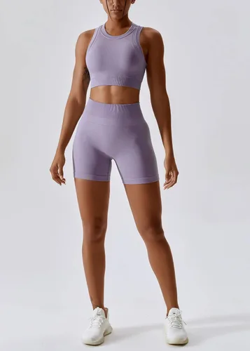 Vista 5 de ABOCIW Conjuntos de entrenamiento para mujer, 2 piezas, sin costuras, acanalada, sin mangas, brasier deportivo, cintura alta, pantalones cortos