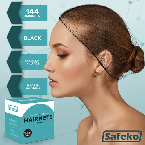 Vista 3 de Redes para el cabello, 144 unidades, envueltas individualmente, mallas de nailon ligeras, sin látex, color negro, grande (24 pulgadas)