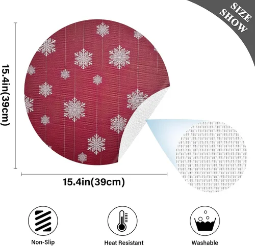 Vista 4 de White Snowflakes Red Christmas Round Placemat, Non Slip Dining Table Heat Protector Mats for Kitchen one sizex1