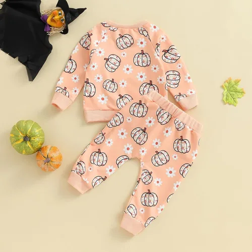 Vista 4 de Kayotuas Conjunto de camisa y pantalones de manga larga con cuello redondo para bebé, disfraz de calabaza, fantasma, calabaza, fantasma, camiseta