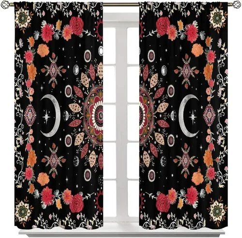 Vista 2 de Cortinas bohemias de fases lunares con diseño de mandala rojo y negro, bohemio, floral, gótico, iluminado por la luna, juego de 2 paneles para Luna