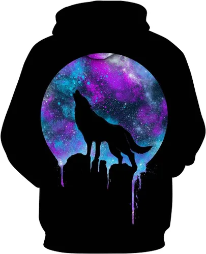 Vista 2 de Hisayhe Sudadera con capucha de manga larga para hombre, diseño de lobo galaxia