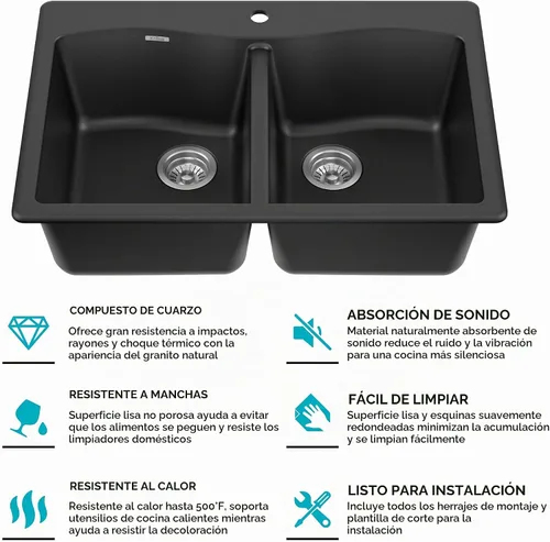 Vista 16 de Kraus Forteza - Fregadero de cocina de doble seno 50/50 de granito de instalación empotrada/sobre encimera, 33 pulgadas, color negro (KGD-52BLACK)