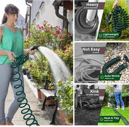 Vista 5 de Manguera de jardín de bobina de EVA de 25 pies con conector de latón de 3/4 pulgadas, manguera de agua en espiral, ligera y sin torceduras, incluye