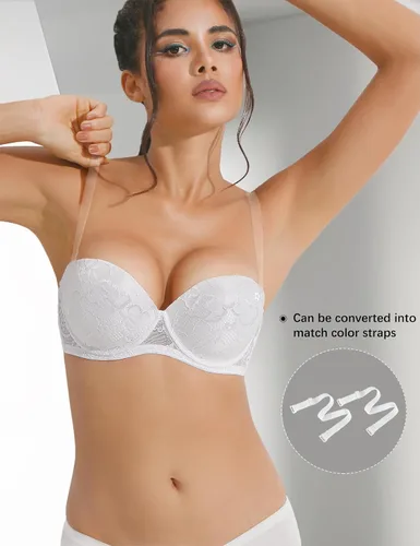 Vista 4 de Amafuur Sujetador sin tirantes Push Up Sujetador de encaje grueso acolchado Añadir 2 tazas Multiway con correas transparentes Sujetador de apoyo