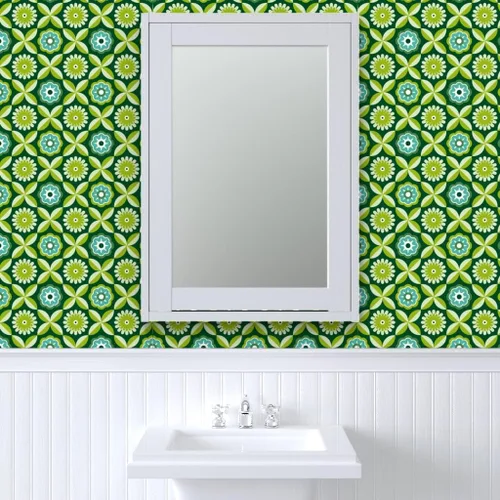 Vista 9 de Papel tapiz para despegar y pegar, diseño retro verde con diseño de flores vintage botánicas de los años 70 y 1960 Spoonflower