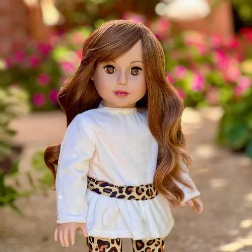 Vista 8 de Ropa Dol de 18 pulgadas, Safari de moda, traje de muñeca de 3 piezas de 18 pulgadas, túnica de terciopelo marfil, leggings de guepardo y botas