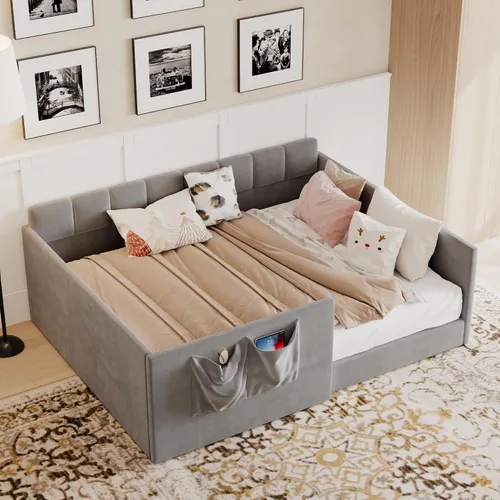 Vista 10 de RUNNA Full Size Daybed Velvet Upholstered Sofa Bed with High Side Panels and Side Entrance,Space-Saving Guest Bed with Storage Pockets (Beige#08)