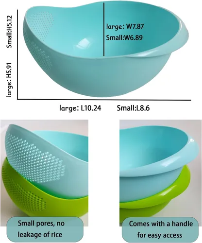 Vista 2 de Colador de arroz 2 en 1, cesta de filtro de limpieza de verduras y frutas, 2 piezas resistentes y fáciles de usar accesorios de herramientas de Azul