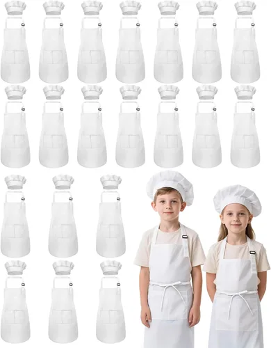 Vista 13 de Juego de delantal y sombrero de chef para niños, 24 piezas con 2 bolsillos ajustables para cocinar, aula, hornear, pintura, 6 a 13 años