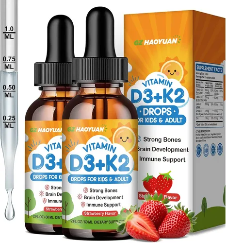 Vista 10 de Gotas de vitamina D3 K2 para niños, suplemento líquido con calcio, Omega 3, zinc, vitamina D3 K2 para absorción de calcio huesos saludables