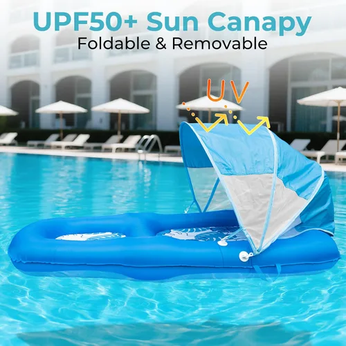 Vista 6 de Fabric Covered Inflatable Pool Lounger Float Adult, 70"x39" Extra Large Pool Float w/ UPF50+ Sunshade Canopy & Cupholder Caddy, Water Floaties Raft