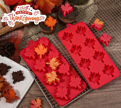 Vista 4 de Webake Molde de silicona de hoja de arce, paquete de 2 moldes de hojas de 8 cavidades para cubitos de hielo, chocolate, dulces, cupcakes