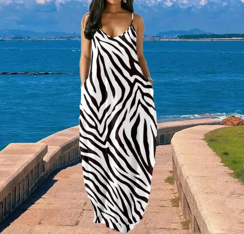 Vista 4 de Vestido largo sexy de verano para mujer, casual, cuello en V, tirantes delgados ajustables, sin mangas, tallas grandes con bolsillos