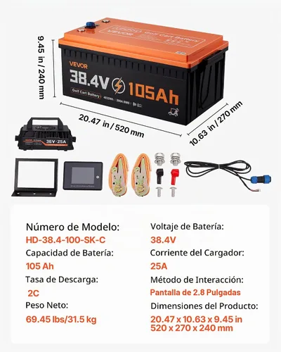 Vista 7 de VEVOR Batería de litio para carrito de golf de 36 V (38.4 V) 105 AH, con cargador de 25 A, kit de batería Lifepo4, BMS de 200 A integrado