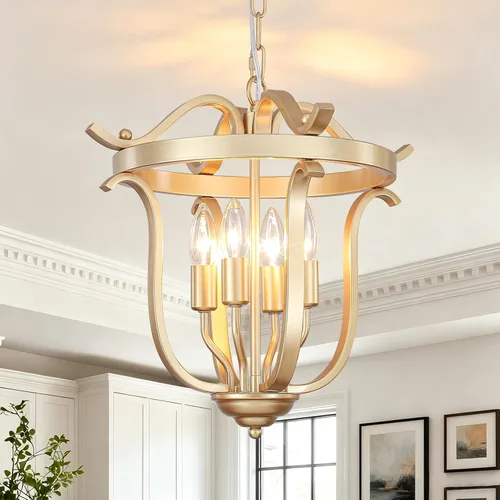 Vista 8 de Candelabro de 4 luces estilo granja, lámpara de techo de montaje empotrado vintage rústica mini, lámpara de araña de metal negro y madera artificial