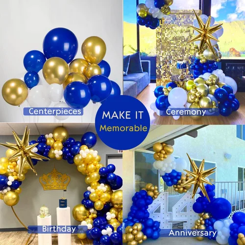 Vista 6 de Kit de arco de guirnalda de globos azul rey y dorado 156 piezas, globos azules, dorados, blancos con estrellas para boda, príncipe, baby shower
