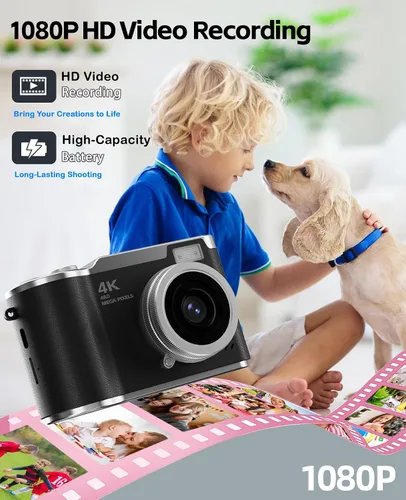 Vista 4 de Cámara para niños, cámara digital 4K para fotografía, cámara de video selfie HD 1080P de 48MP, con pantalla giratoria de 180° y flash, con tarjeta