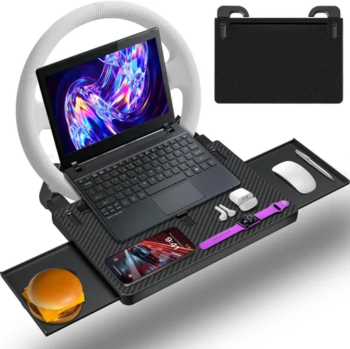 Vista 9 de Bandeja para volante, bandeja de comida para automóvil, escritorio de automóvil para laptop, mesa multiusos para comer y trabajar, bandeja ajustable