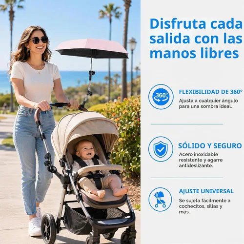 Vista 3 de Soporte para paraguas para cochecito y silla de ruedas, silla de playa