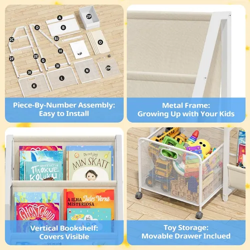 Vista 4 de Estantería para niños y organizador de almacenamiento de juguetes, estante de 3 niveles para habitaciones de niños con cajón móvil, estantería
