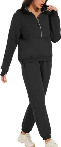 Vista 3 de PEHMEA Conjunto de 2 piezas para mujer, sudadera suelta con cuello vuelto y pantalones cortos con cordón
