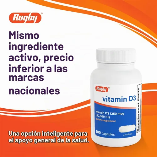 Vista 2 de Rugby Suplemento de vitamina D3 de alta potencia 50,000 UI (1250 mcg), 100
