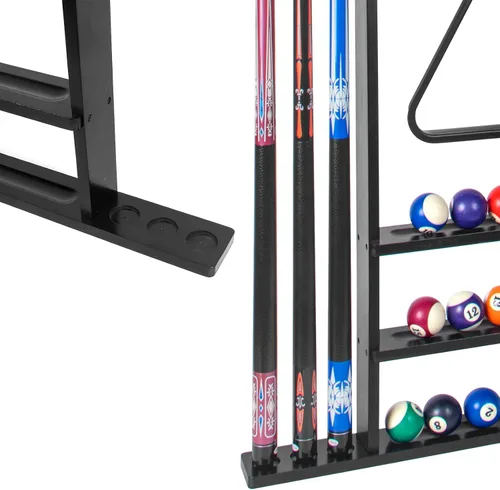 Vista 5 de Soporte negro para palos de billar, soporte de pared para tacos de billar, soporte de piso de madera maciza para palos de billar, capacidad para 6