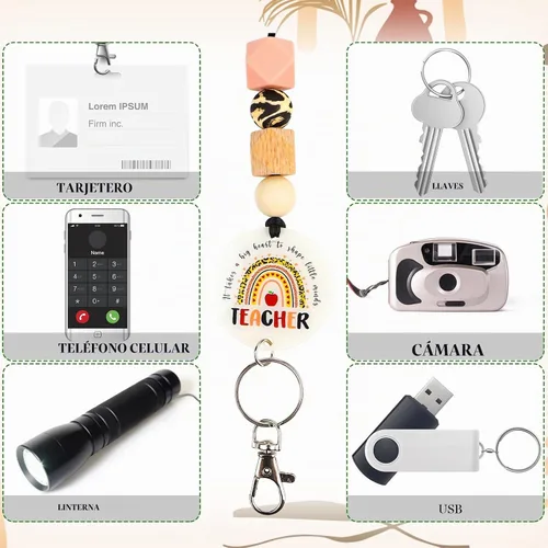 Vista 4 de Cordones para Profesores para Tarjetas de Identificación - Llavero Bohemio de Silicona con Cuentas Separables, Accesorios para Mujeres, Lindo