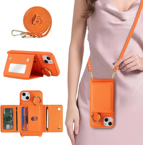 Vista 32 de Funda para iPhone 14 con tarjetero y correa para mujer, cordón cruzado, espejo de maquillaje, soporte de anillo, cierre a presión, bonitas fundas
