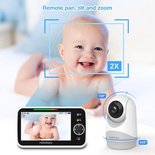 Vista 5 de HelloBaby Monitor con cámara y audio, pantalla de 5'' con transmisión de video de 16 horas, cámara remota con panorámica-inclinación-zoom