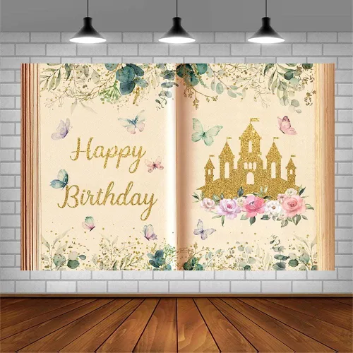 Vista 3 de AIBIIN Libros de cuentos de hadas de 7 x 5 pies, telón de fondo de feliz cumpleaños para niña, libro de apertura antigua, Once Upon a Time, castillo