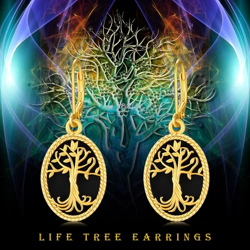 Vista 6 de Aretes colgantes de árbol de la vida de ónix negro, plata de ley 925, oro y árbol de la vida, joyería de regalo para mujeres y mamá, Plata de ley