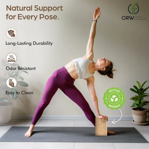 Vista 3 de ORW Bloque de yoga de corcho: corcho natural FSC, 9 x 6 x 3 pulgadas, bloque de estabilidad densa de 1.5 libras, agarre antideslizante, probado por