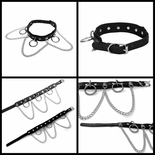 Vista 3 de Gargantilla de cuero con correa de cadena para adolescentes, punk gótico Y2K, accesorios de cosplay, tres anillos o y dijes de cadenas