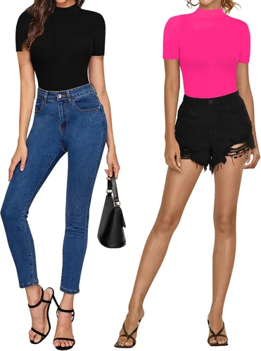 Vista 4 de HERLOLLYCHIPS Camisetas de cuello alto falso para mujer hombros descubiertos manga cortalarga punto acanalado ajustadas elásticas sexys casuales