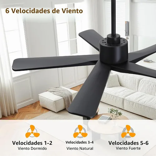 Vista 6 de WINGBO - Ventilador de techo DC de 48" sin luz - 5 aspas de madera maciza talladas, motor DC reversible de 6 velocidades, ventilador de techo sin
