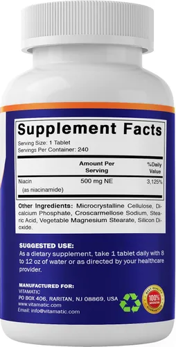 Vista 8 de Vitamatic Niacinamida 500 mg 240 Tabletas - Vitamina B3 sin rubor - Apoya la producción de energía