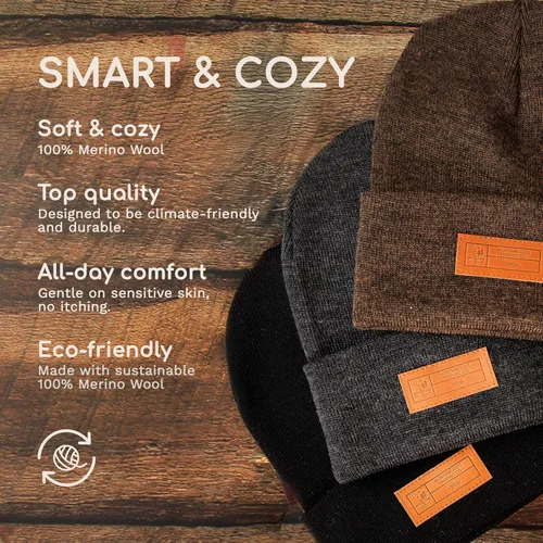 Vista 3 de Gorro unisex de lana merino súper suave con puños
